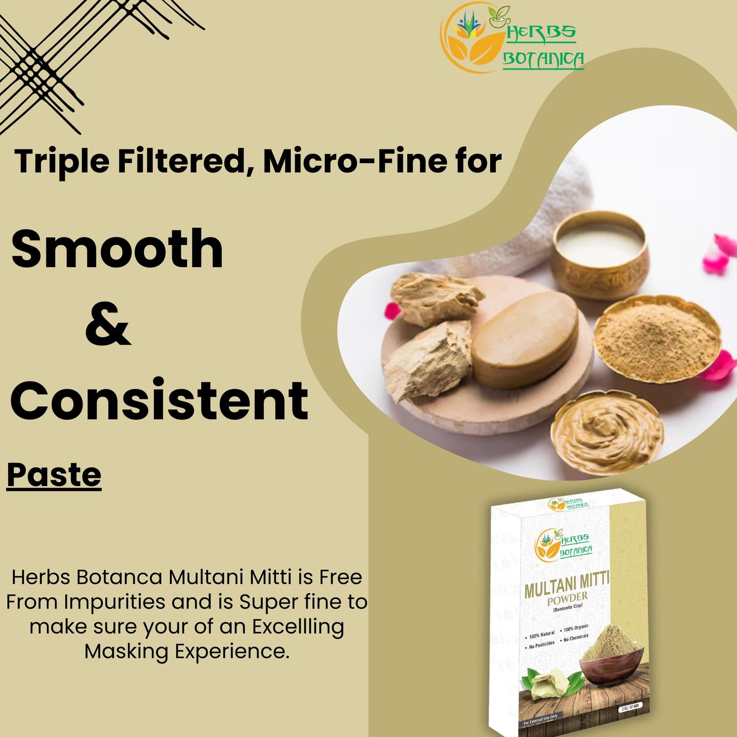 Herbs Botanica Multani Mitti Powder Earth Clay Mask 100% Pure Bentonite and Kaolin Clay for Skin Care, Indian Healing and Deep Cleansing – 2 oz Kaolin Clay Indian Deep Pure Grade Cleansing