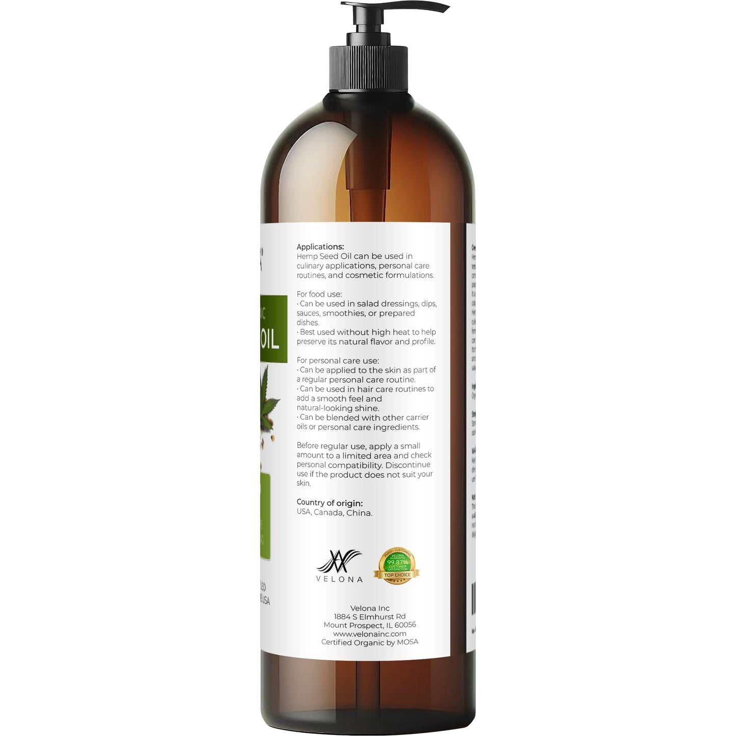 velona USDA Organic Hemp Seed Oil - 32 fl oz, Cold Pressed, with Pump