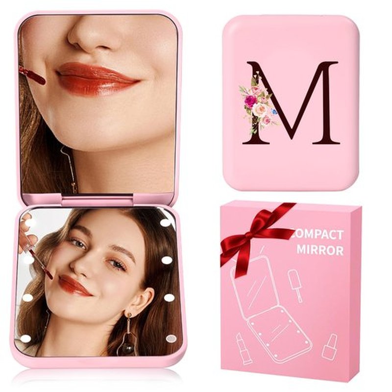 KEWWADB Travel Mirror with Lights, Initials Portable Compact Mirror, Travel Essentials, Suitable for Teen Girls, Young Women Gifts Ideas, Birthdays Gifts(Pink) (M)