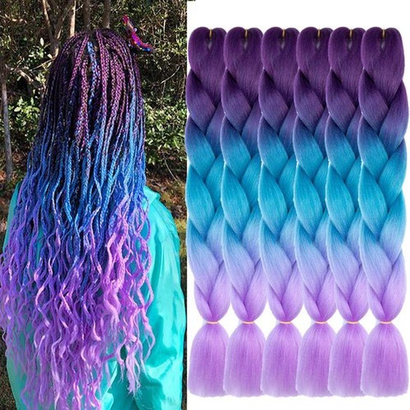 SHUOHAN 6 Packs Ombre Jumbo Braiding Hair Extensions 24 Inch High Temperature Synthetic Fiber Hair Extensions for Box Braids Braiding Hair (Purple to Lake Blue to Light Purple)