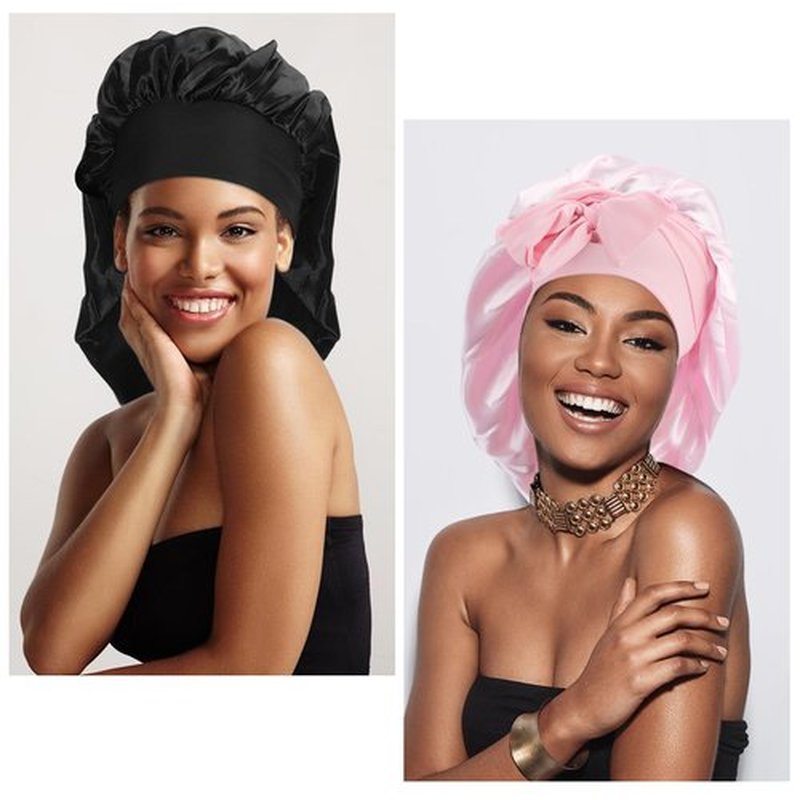 Arqumi Pack of 2 Satin Sleeping Bonnet, Large Satin Sleep Bonnet with Long Strap, Adjustable Sleep Cap Hair Bonnet for Women & Men, Black+Pink