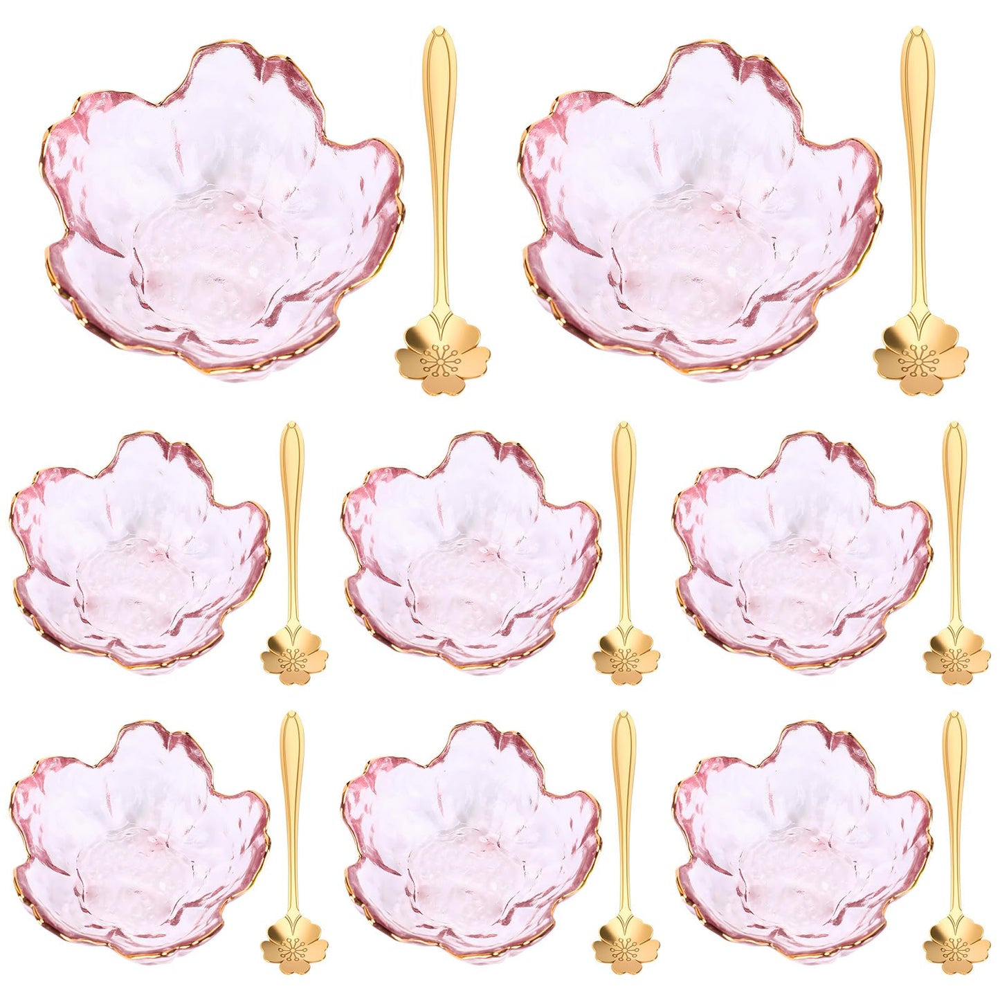 Yiyiring Set of 8 Pink Cherry Blossom Glass Bowls with Flower Spoons, Sakura Sauce Dishes Seasoning Little Bowl Japanese Flower Crystal Glass Appetizer Plates for Dipping Ice Cream(Gold Rim)
