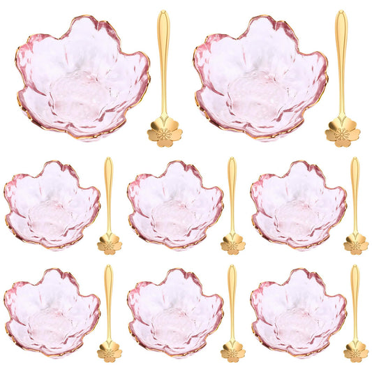 Yiyiring Set of 8 Pink Cherry Blossom Glass Bowls with Flower Spoons, Sakura Sauce Dishes Seasoning Little Bowl Japanese Flower Crystal Glass Appetizer Plates for Dipping Ice Cream(Gold Rim)
