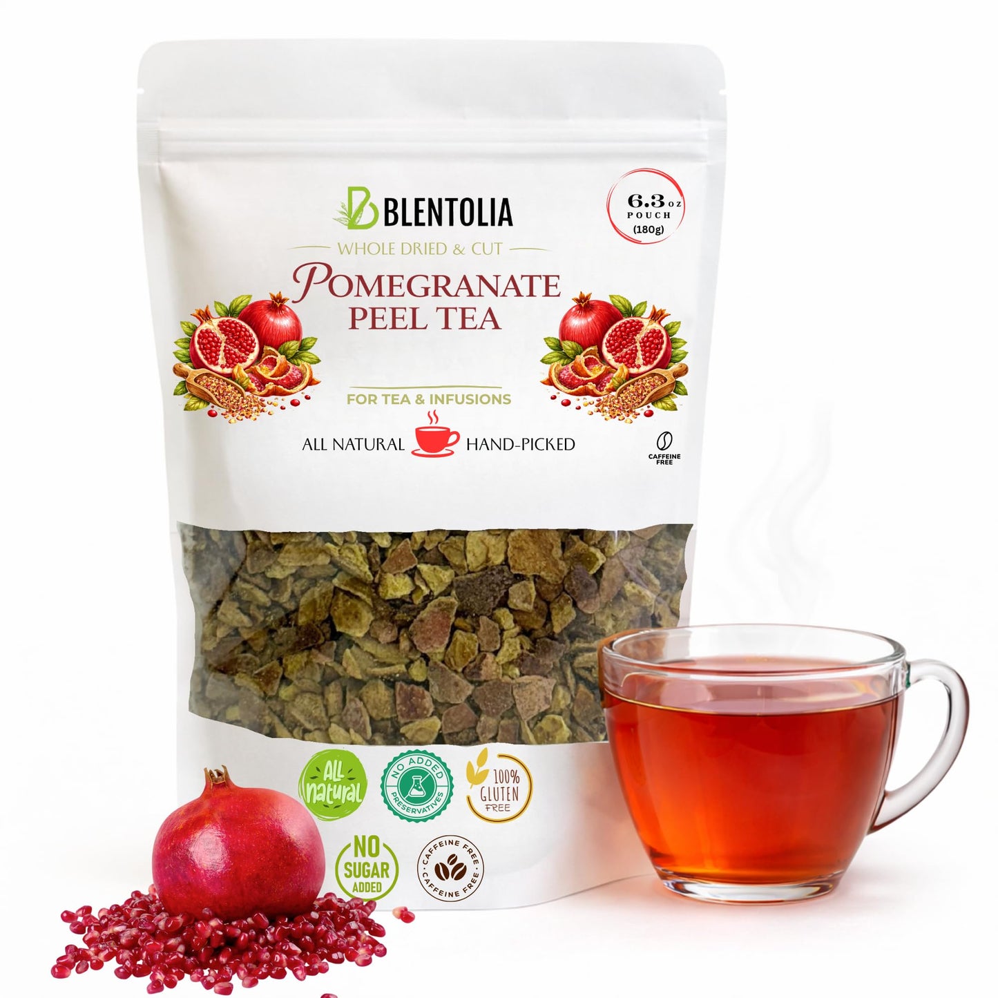 Blentolia Pomegranate Peel Tea 100% Natural Dried Pomegranate Rind Antioxidant-Rich Herbal Tea Loose Leaf, 180g Resealable Pouch