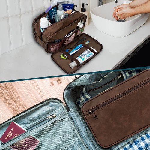 PAVILIA Toiletry Bag for Men, Travel Toiletries Bag | Water-resistant Dopp Kit, PU Leather Shaving Pouch Organizer for Accessories, Cosmetic, Hygiene, Grooming Essentials (XL, Dark Brown)