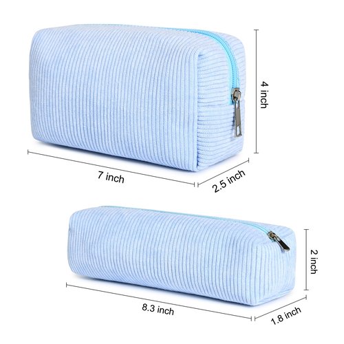 SOIDRAM Makeup Bag Corduroy Cosmetic Bag Cute Blue Makeup Pouch 1Pcs Large Capacity Makeup Bags and 1Pcs Makeup Brushes Storage Bag Travel Toiletry Bag Organizer