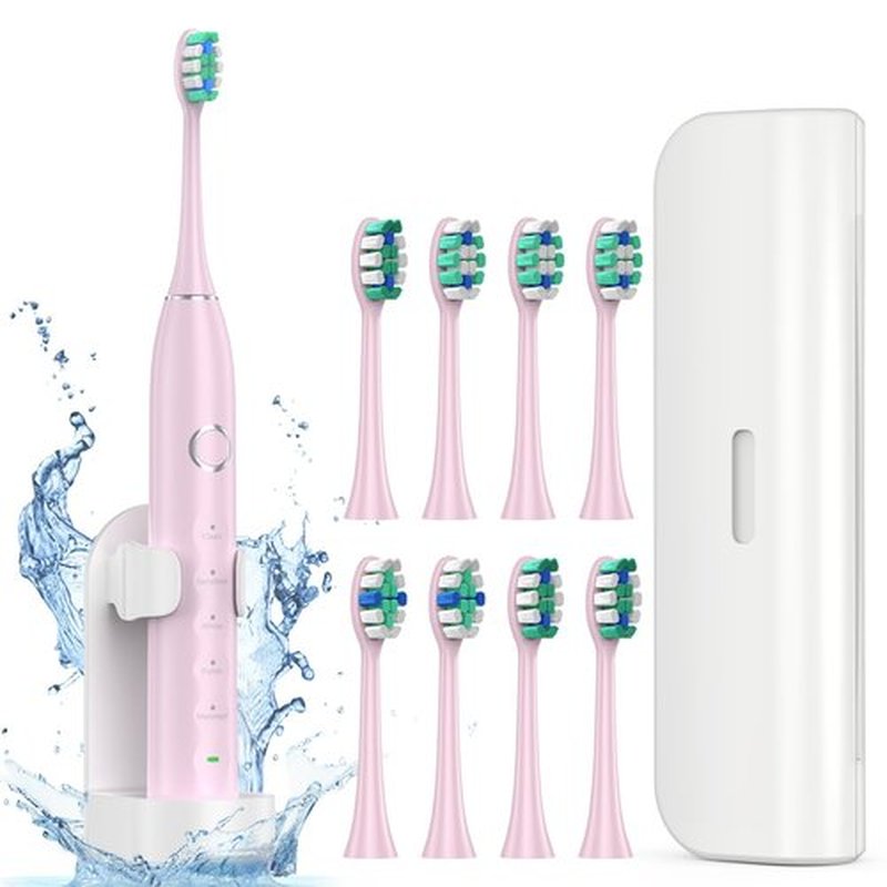 Fronix Electric Toothbrush for Adults with 8 Brush Heads, Sonic Toothbrush Rechargeable with a Holder & Travel Case, 2.5 Hours Charge for 120 Days Use - Pink