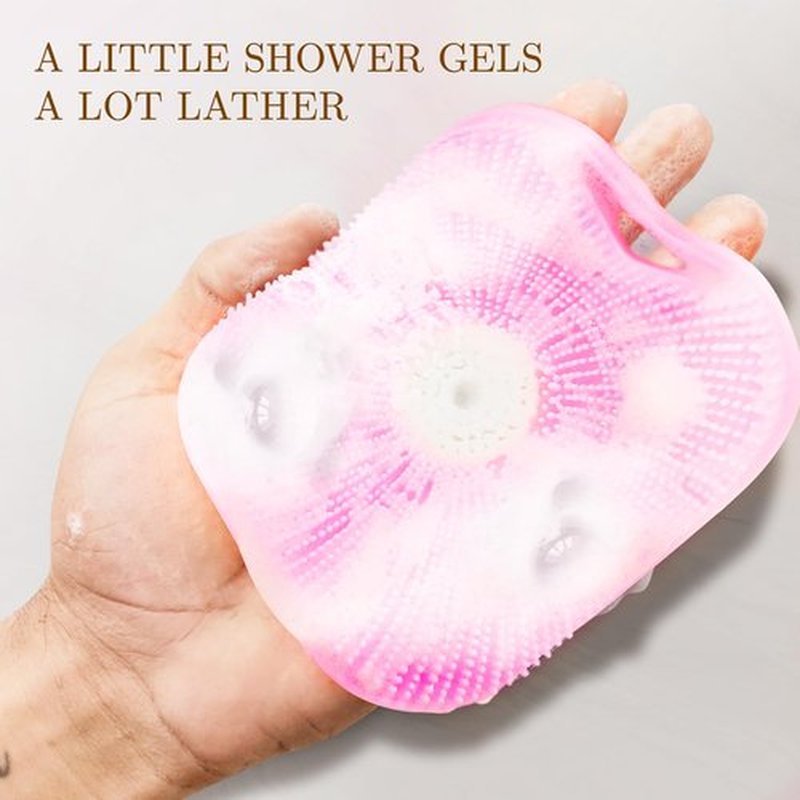 Silicone Body Scrubber for Women, Friendly Shower Body Scrubber for Sensitive Skin, Silicone Loofah Body Scrubber for Showering with Richer Foam Bristles and Anti-Slippery Handle, Pink