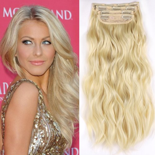 Clip in Hair Extensions blonde for Women Synthetic Clip in Long Wavy Hair Extension 20 Inch Thick Double Weft Highlights Hairpieces Full Head For Women (20INCH, 613#)