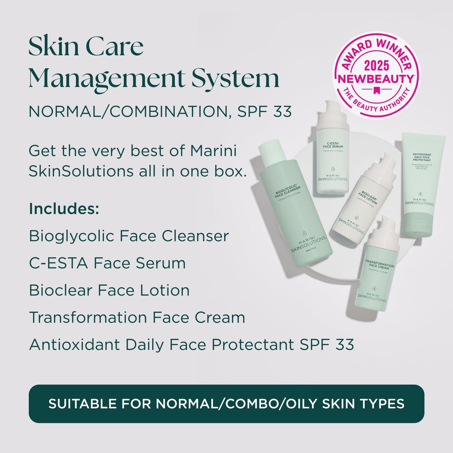 Marini SkinSolutions Skin Care Management System, Normal to Combination Skin with Antioxidant Daily Face Protectant SPF 33 - Cruelty Free - Made in the USA