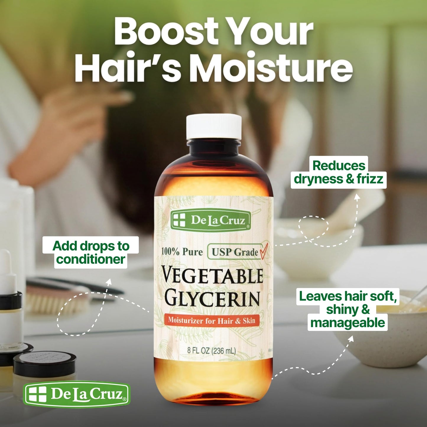 De La Cruz Vegetable Glycerin, 100% Pure Liquid Glycerine USP Grade for Hair, Skin and DIY Projects 8 FL. OZ.