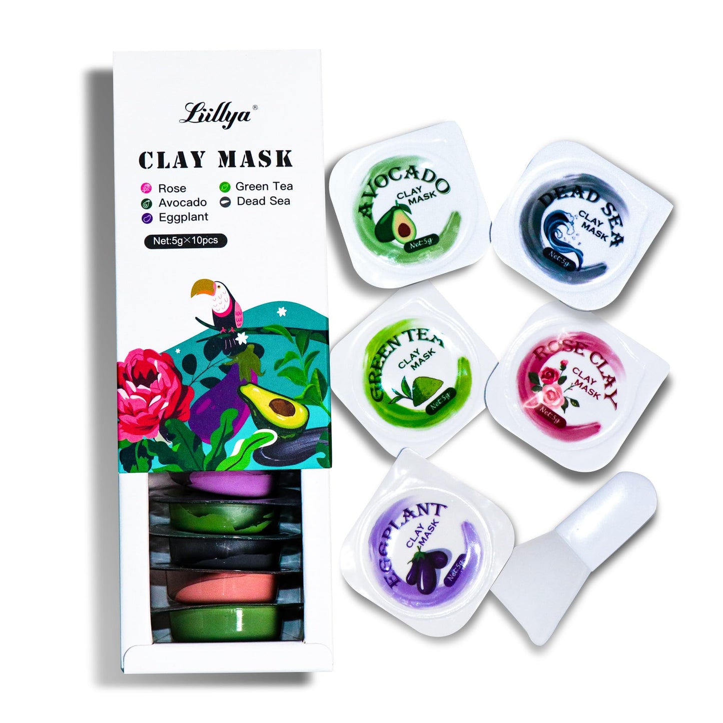 Liillya Mini Clay Mask for Face 10 Pods Travel Size Mud Mask, Dead Sea, Rose, Avocado, Green Tea, Eggplant, Blackhead Removal Deep Pore Cleansing, Self Care Gifts for Women & Men