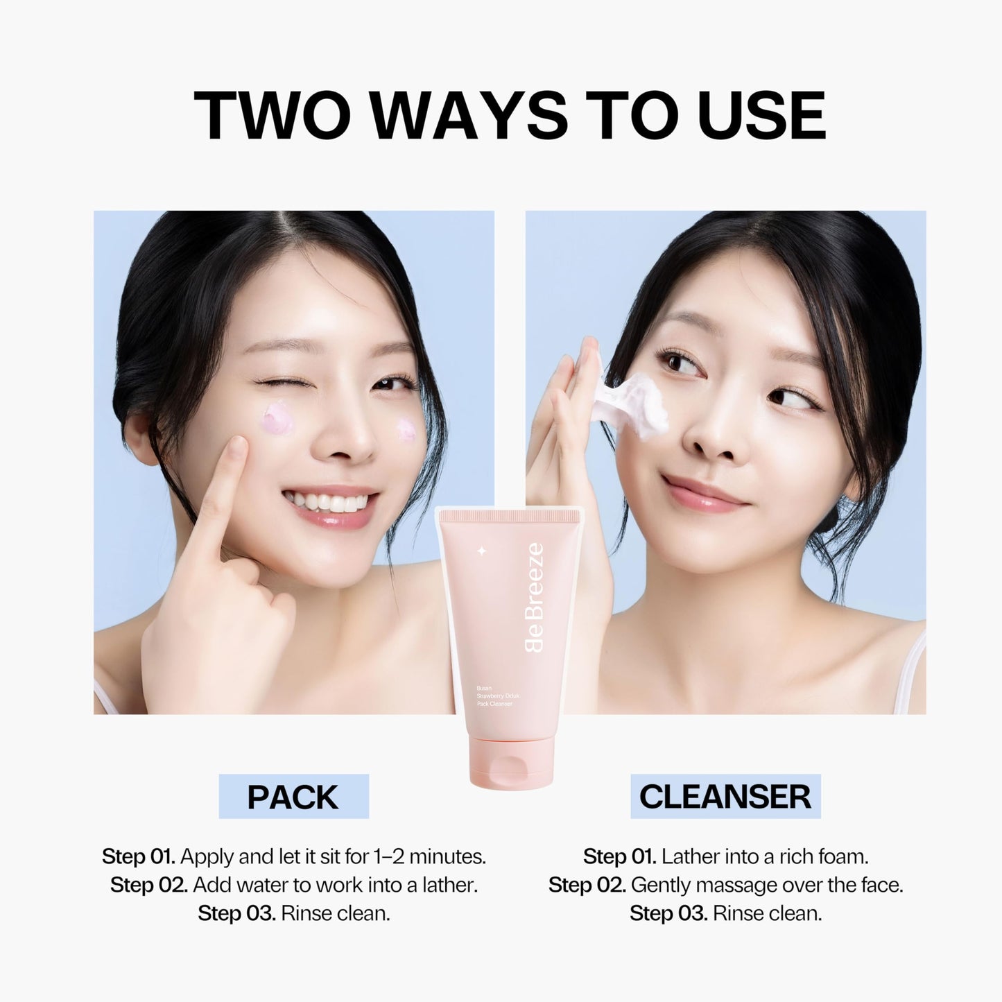 BeBreeze Busan Strawberry Dduk Pack Cleanser – 3-in-1 Korean Pack & Foam Wash with Rice & Strawberry Powder – Hydrating Neutral pH Amino Acid Wash – Vegan K-Beauty Facial Cleanser, 4.23 oz