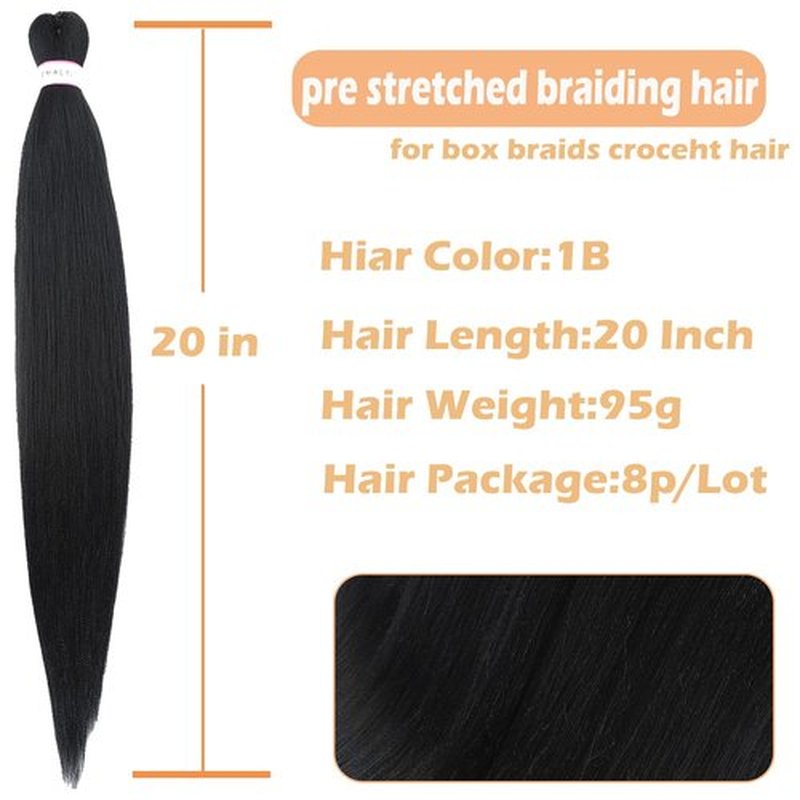 Prestretched Braiding Hair 20 Inch 8 Packs Black Braiding Hair Pre Stretched For Women Knotless Box Braids Hair Extension Yaki Texture Hot Water Setting Variety Styles Braiding Hair