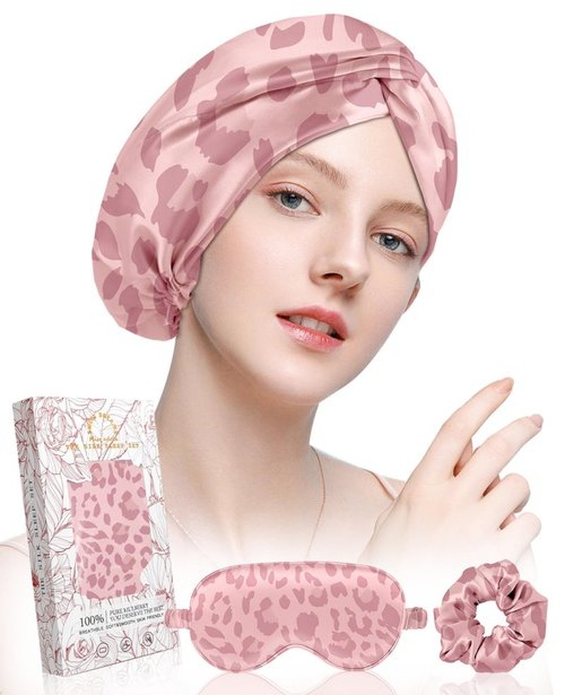 Miss Adola Silk Bonnet for Women - Mulberry Silk Sleep Cap for Hair Care with Eye Mask & Scrunchie 19 Momme Night Cap Sleeping Set with Elastic Stay On Head, Leopard