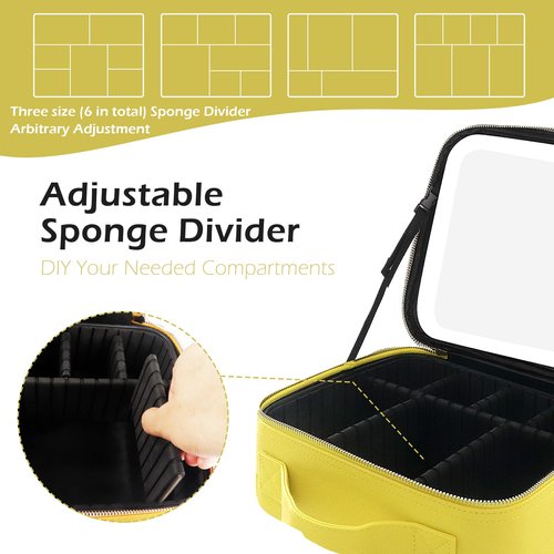 MOMIRA Makeup Bag with Mirror and Light Travel Makeup Train Case Cosmetic Bag Organizer Portable Artist Storage Bag with Adjustable Dividers Makeup Brushes Storage Organizer Yellow