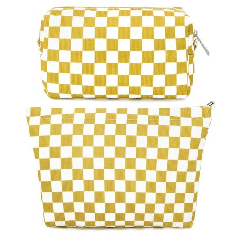 SOIDRAM 2 Pcs Checkered Makeup Bag Large Cosmetic Bag Toiletry Bag Makeup Pouch Travel Bag Organizer Cute Makeup Brushes Aesthetic Accessories Storage Bag for Women Golden Yellow
