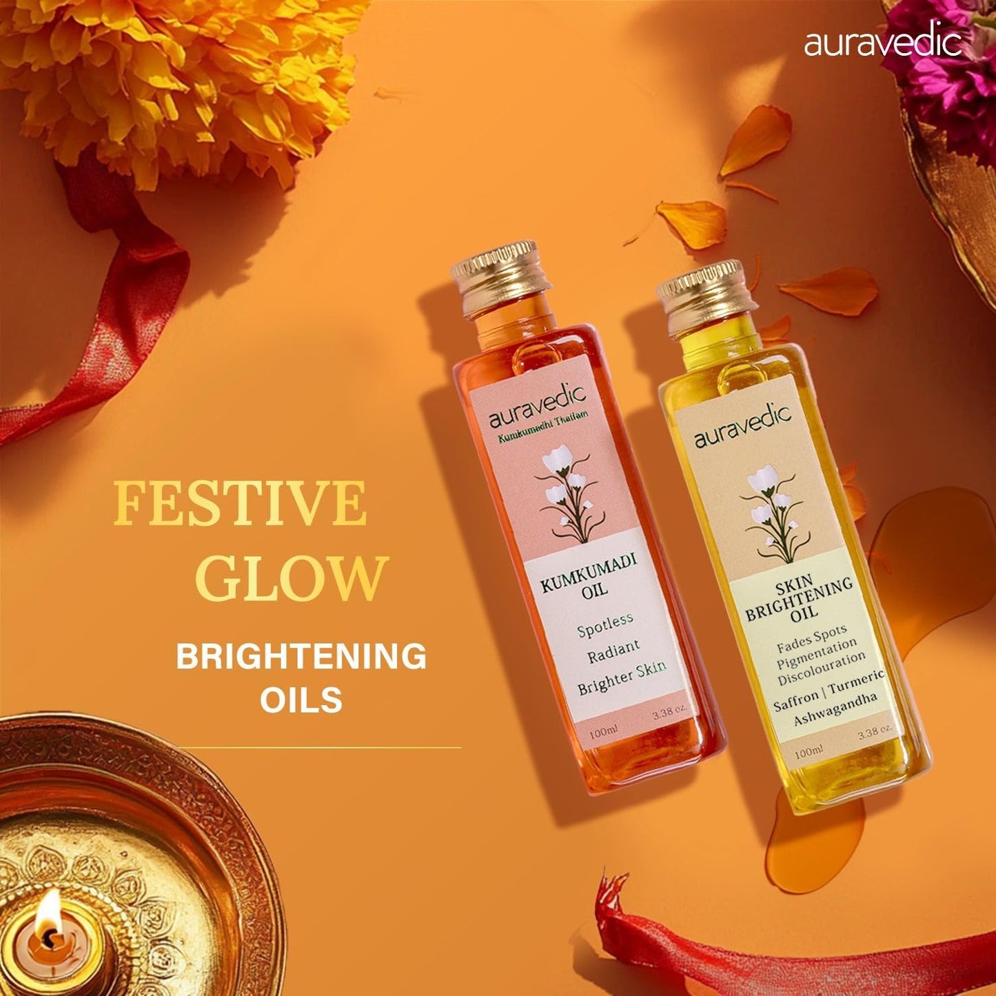 Auravedic Kumkumadi Oil & Skin Oil Combo | Saffron, Turmeric and Winter Cherry Infused Face Moisturizer | Hydrating & Moisturizing | for All Skin Types | 3.38Fl Oz (100ml)