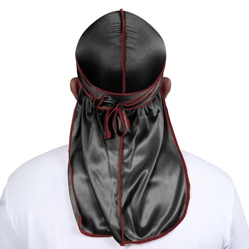 ForceWave Silky Durag for Men Wave Cap Satin Dorag for Men Women 360 Wave (Black with Red Seam)