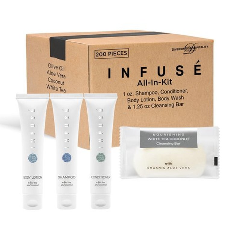 Infuse Hotel Soaps and Toiletries Bulk Set | 1-Shoppe All-In-Kit Amenities for Hotels & Airbnb | 1 oz Hotel Shampoo, Conditioner & Lotion, 40 grams Bar Soap Travel Size | 200 Pieces