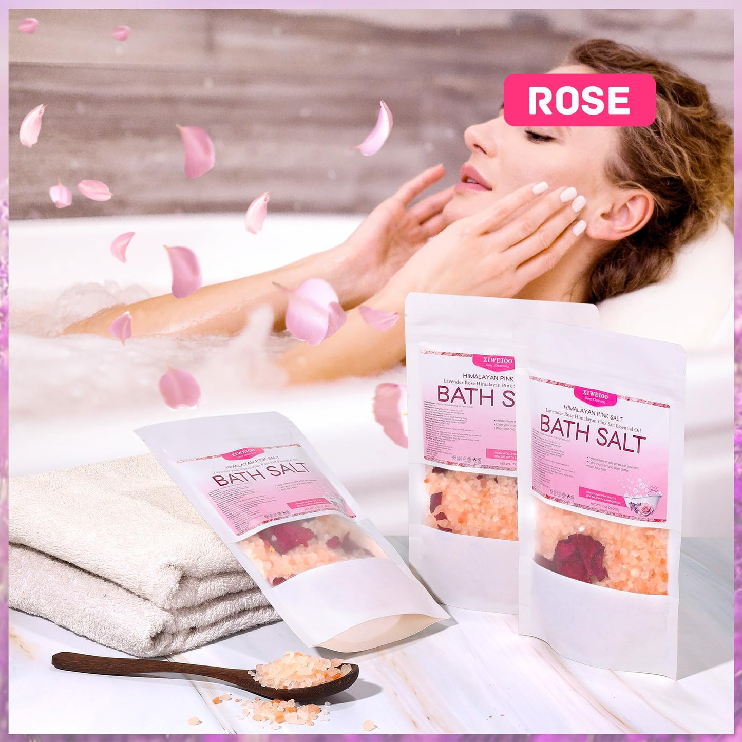 XIWEIOO Bath Salts KIT Pack of 3 Natural Epsom Salt Rose Essential Oils Relaxes and Better Sleep Himalayan Pink Salt Foot Soak Tea Tree Oil Himalayan Foot Bath Salts Set