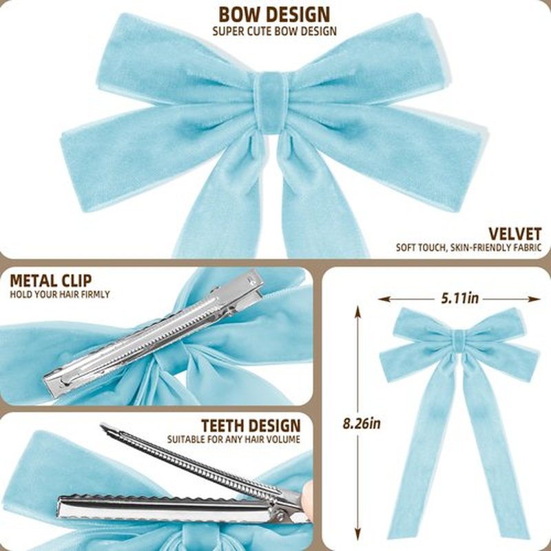 2PCS Blue Hair Bows Soft Velvet Bow Hair Clip with Long Tail Hair Accessories for Women Girls Toddlers