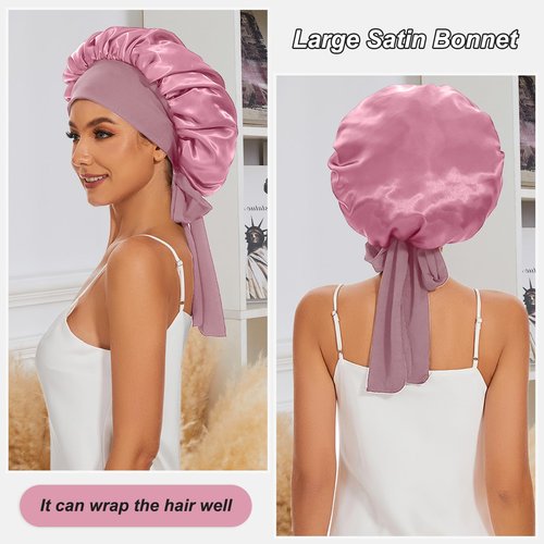 Satin Silk Bonnet Hair Bonnet for Sleeping Jumbo Sleep Cap, Black Bonnet for Women Curly Hair, Double Layer Bonnet with Tie Band Shower Cap