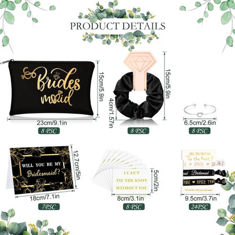 63 Pcs Bridesmaid Proposal Gifts Bulk Maid of Honor Gifts Matron of Honor Gifts Brides Bridesmaid Cosmetic Makeup Bag Hair Knotted Bracelets Invitation Cards for Wedding Bachelorette (Elegant Style)