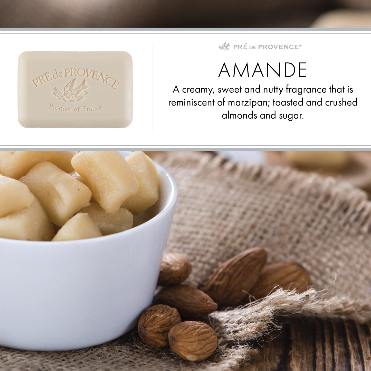 Pre de Provence Artisanal Soap Bar, Enriched with Organic Shea Butter, Natural French Skincare, Quad Milled for Rich Smooth Lather, 8.8 Ounce, Amande