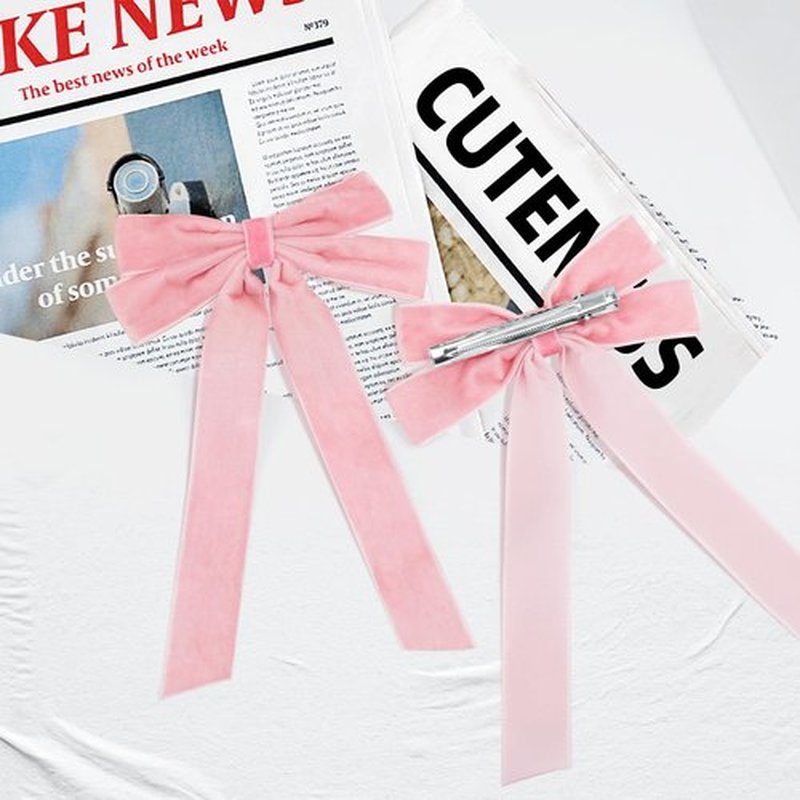 2PCS Pink Hair Bows Soft Velvet Bow Hair Clip with Long Tail Hair Accessories for Women Girls Toddlers