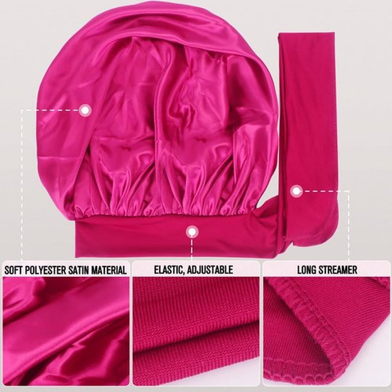 Arqumi Pack of 2 Satin Sleeping Bonnet, Large Satin Sleep Bonnet with Long Strap, Adjustable Sleep Cap Hair Bonnet for Women & Men, Black+Rosy