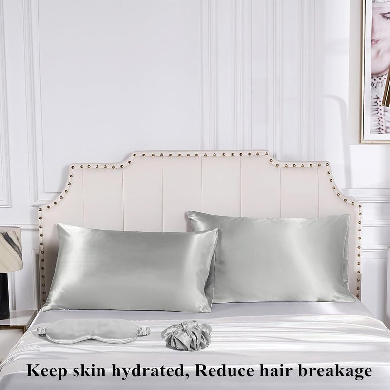 Satin Pillowcase Set for Hair & Skin | Vegan Silk Luxury Sleep Set - 2 Pillowcases, Eye Mask & Scrunchie in Silver Gray