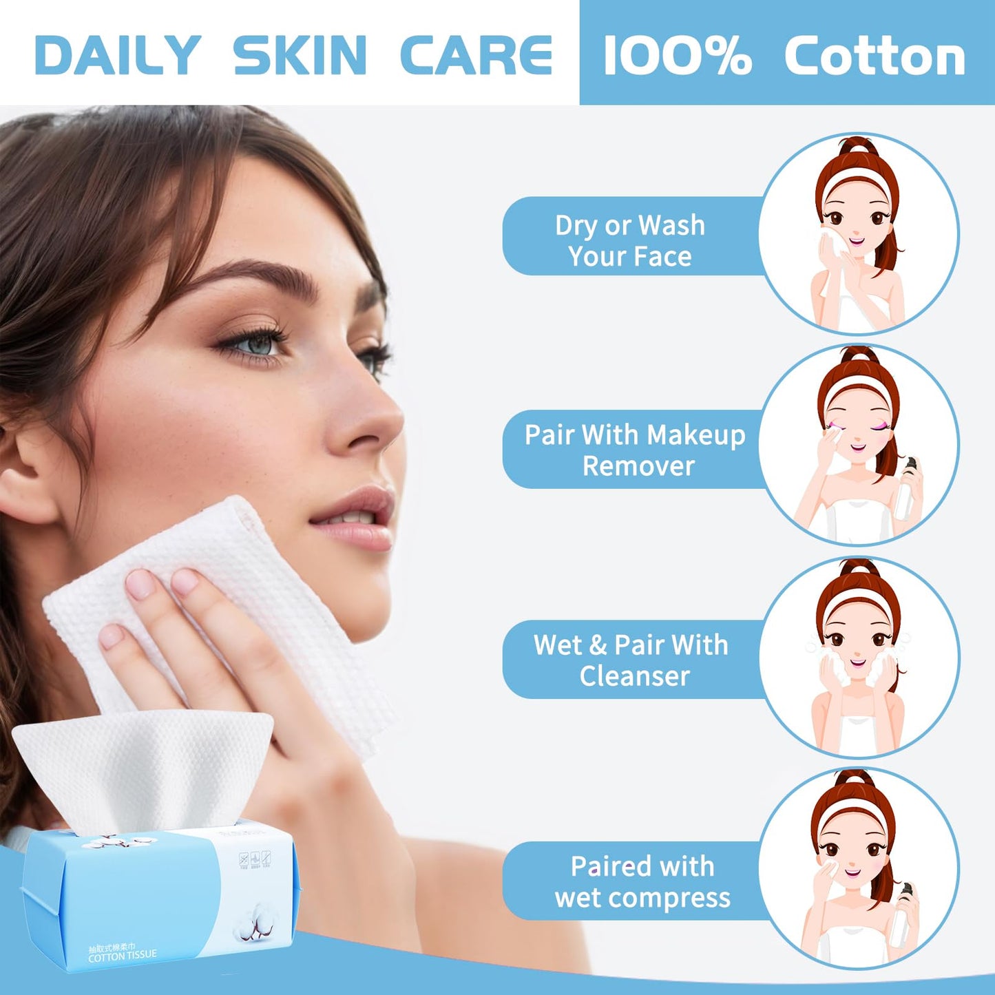 Cotton Facial Dry Wipes 100 Count, Deeply Cleansing Disposable Face Towel Wash Cloth, Multi-Purpose for Skin Care, Make-up Wipe, Face Wipes and Facial Cleansing