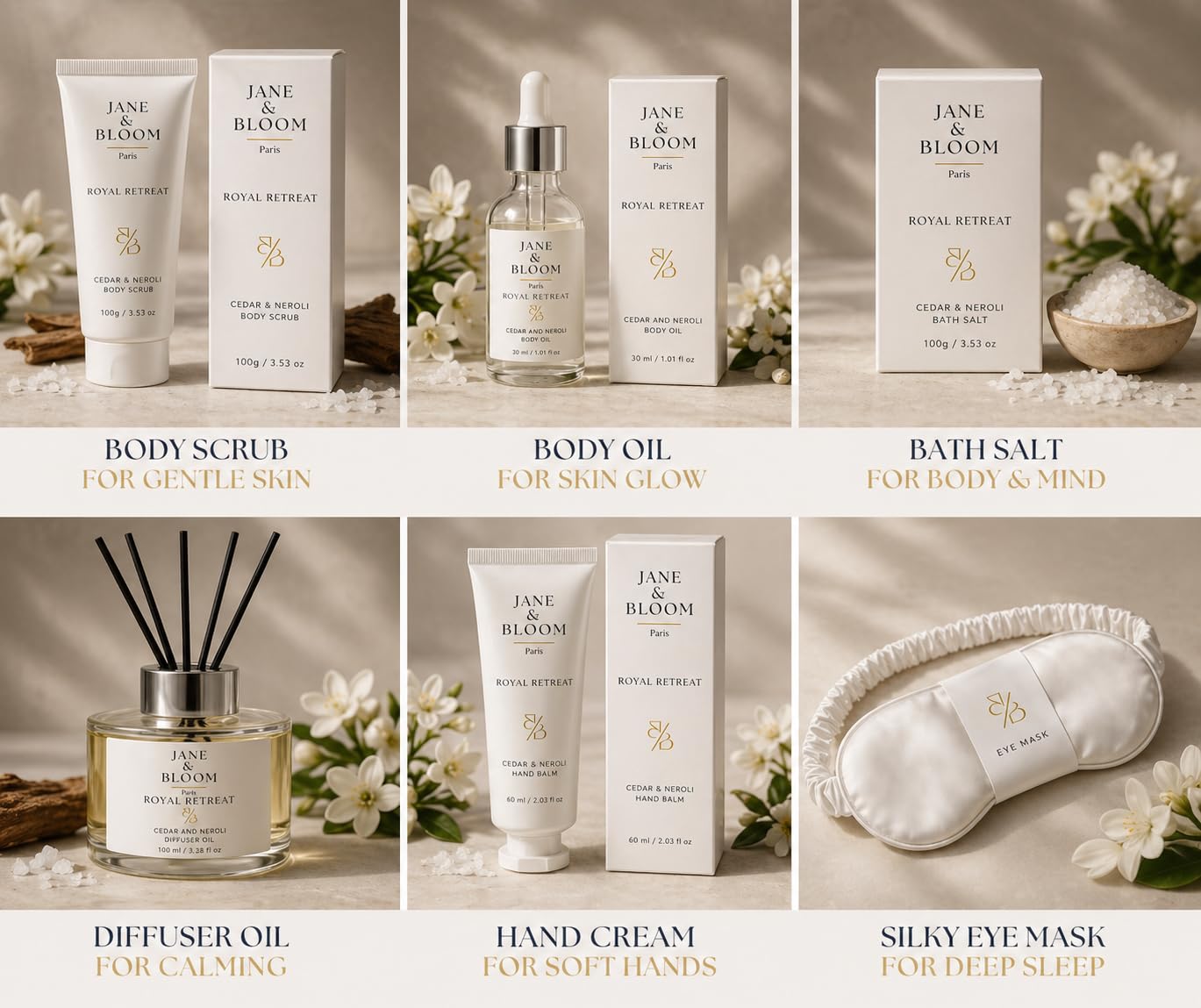 Royal Retreat Luxury Spa Gift Box for Women, Cedar & Neroli Bath and Body Gift Set, Relaxing Home Spa Kit with Bath Salt, Body Scrub, Body Oil, Hand Cream, Eye Mask, Mothers Day Gifts