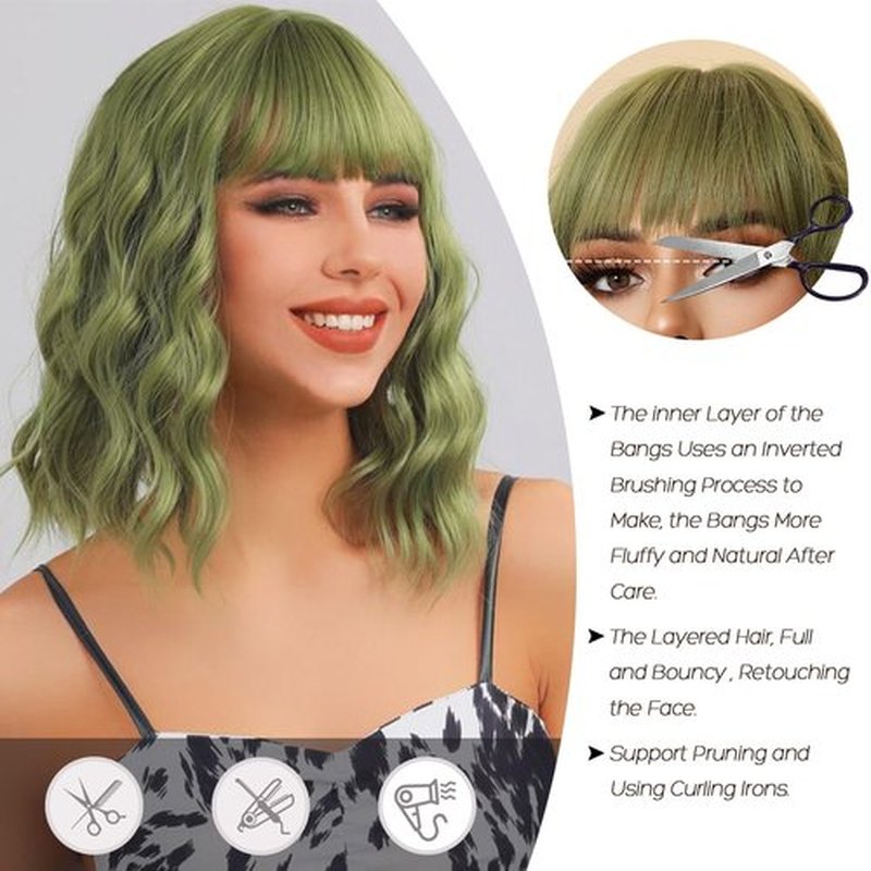 Allbell Olive Green Wigs for Women, Short Wavy Bob Wig,Bob Wig with Bangs,Synthetic Short Curly Wave Wigs, Costume Wig, Fiber Hair Wigs for Cosplay