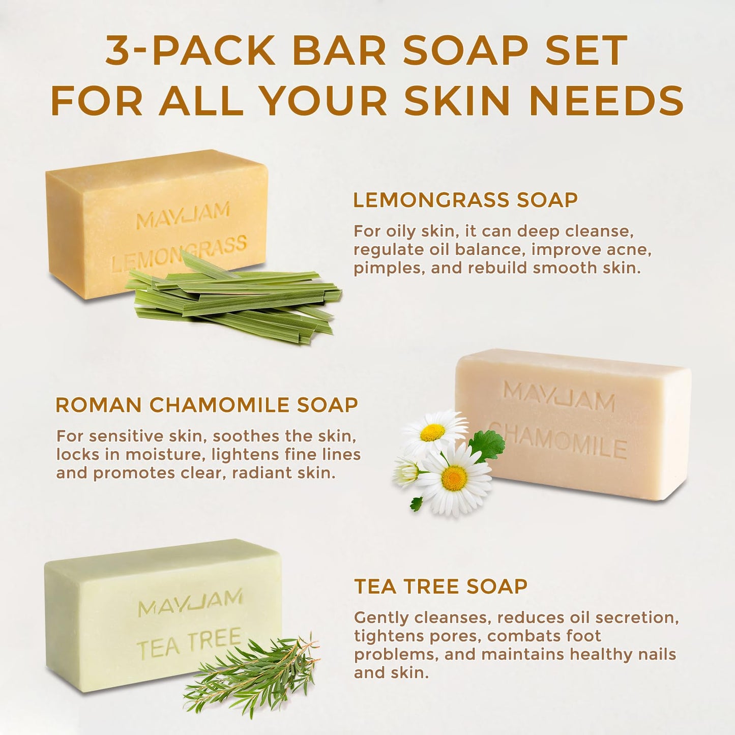 MAYJAM Natural Botanical Bar Soap With Essential Oil, Vitamin E, Pure Plant Oil Bath Body Soap- Lemongrass,Tea Tree, Roman Chamomile Rich Creamy for Men, Women All Skin Type