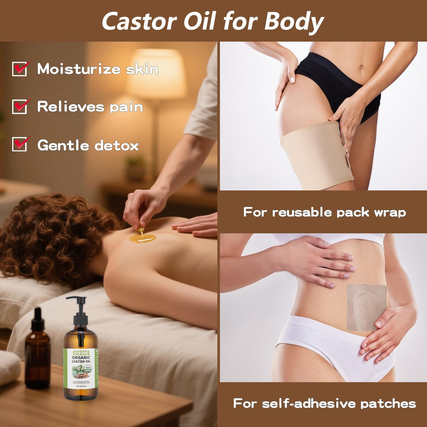 Castor Oil Organic for Pack Wrap, Liver Detox, Hair Growth -Face-Lashes & Eyebrows,Cold pressed,Glass Bottle Packaging(16oz)