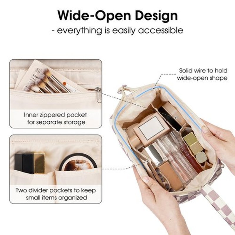 Narwey Checkered Makeup Bag Women Wide-open Make up Bag Travel Cosmetic Bag Organizer Toiletry Bag for Cosmetics Toiletries Accessories (Dusty Rose Checkerboard)