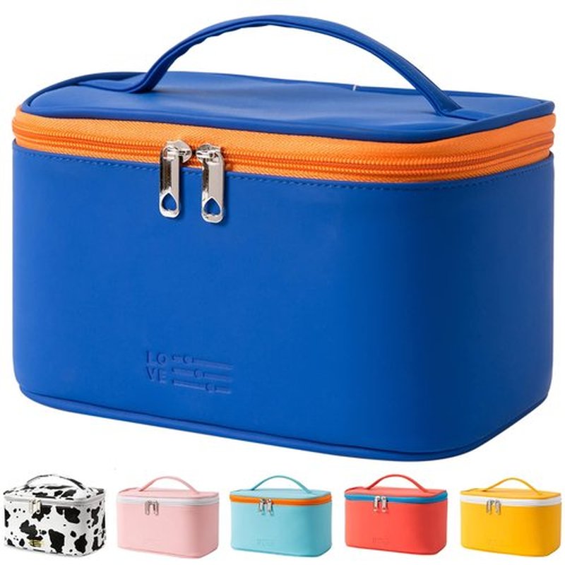Makeup Bag Portable Travel Cosmetic Bag for Women, Beauty Zipper Makeup Organizer PU Leather Washable Waterproof (Blue)