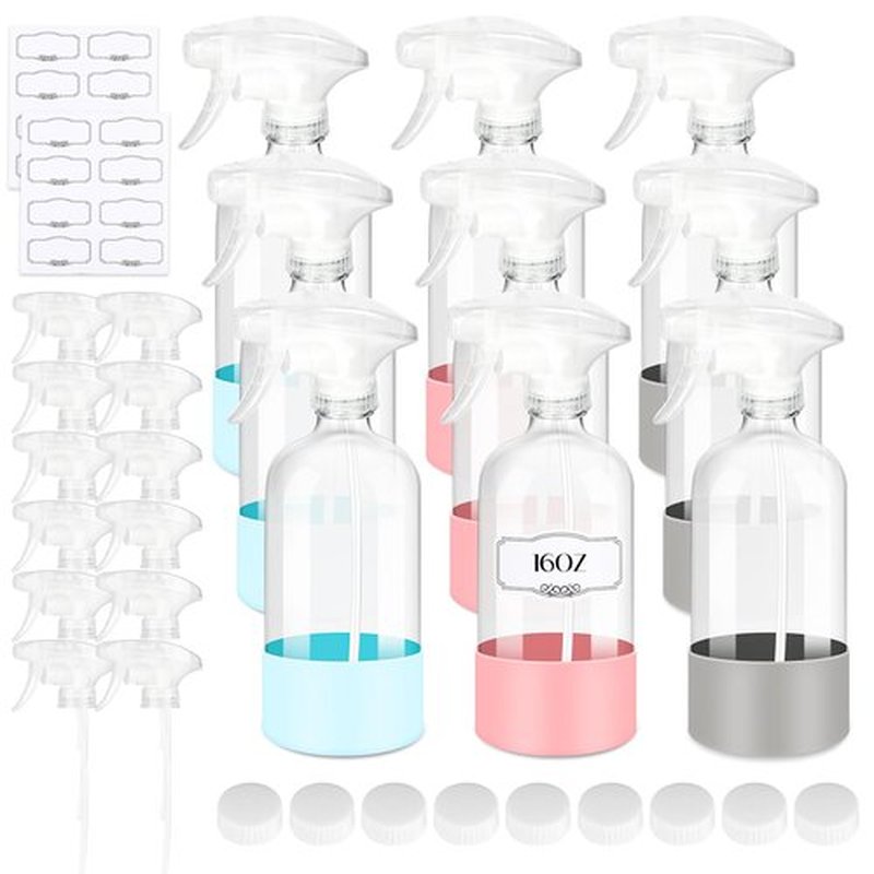 ZENOWICK 9 Pack/16 Oz Glass Spray Bottles, Refillable Empty Containers with Silicone Sleeve, Upgraded Adjustable Nozzle Spray Bottle Sets for Cleaning, Essential Oils, Hair