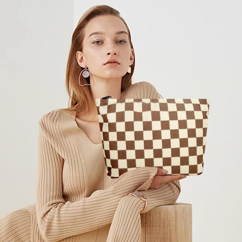 Wudimeitt Cosmetic bag Makeup bag Preppy Cute Corduroy Toiletry bag for women travel essentials (Plaid khaki)