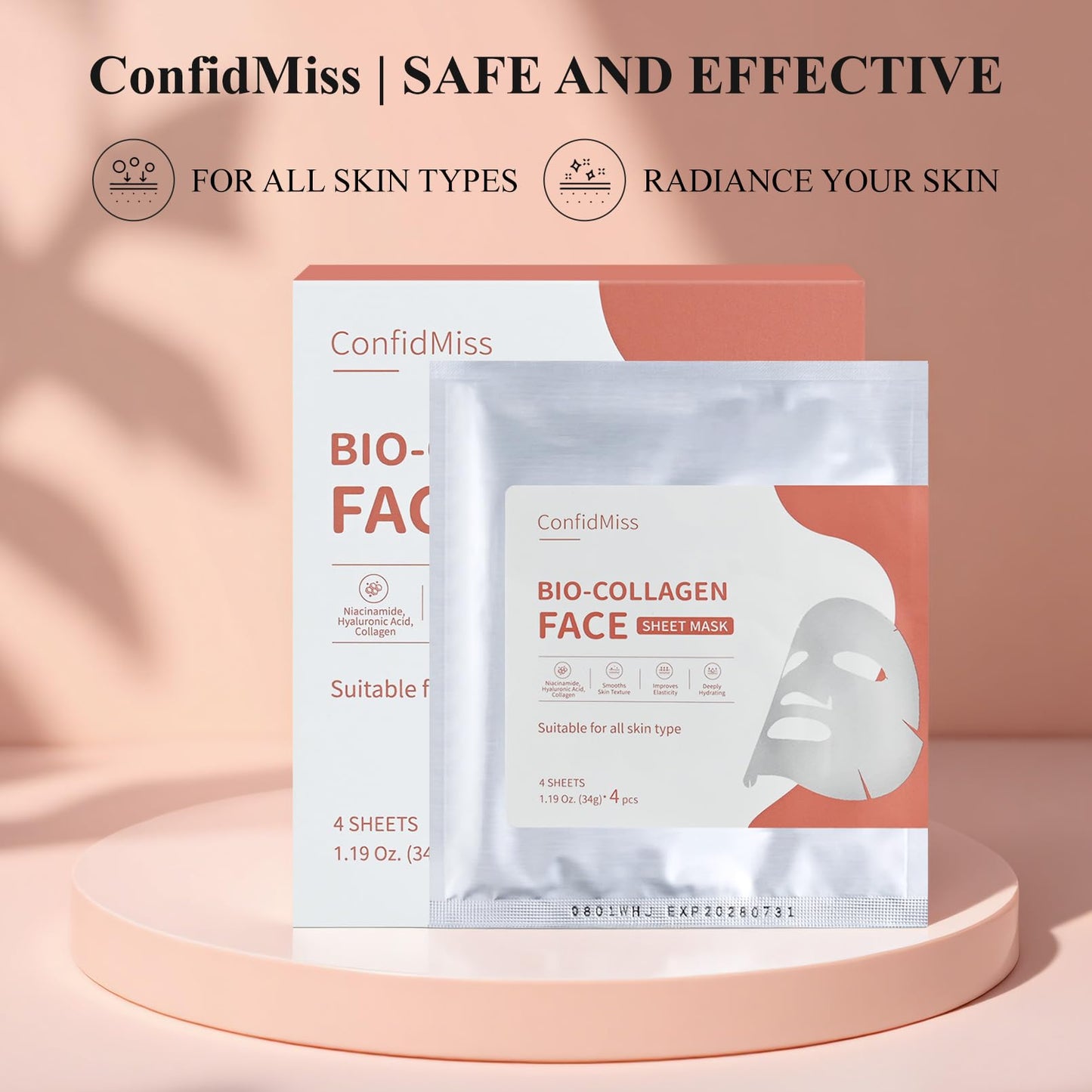 ConfidMiss Bio-Collagen Real Deep Face Mask,with Niacinamide Hyaluronic Acid Collagen Deeply Hydrating Brightening Anti-Aging Elasticity Improvement Overnight Facial Mask For Glass Glow Skin 4 Sheets