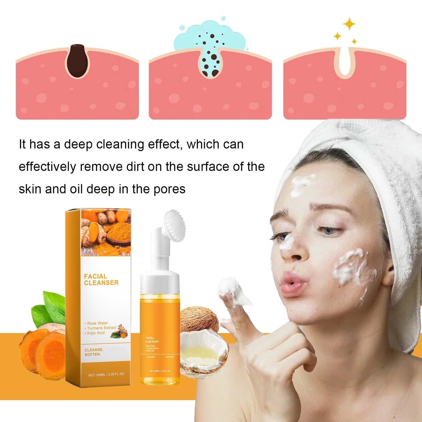 Axnzp 2 Pcs Turmeric Foaming Face Wash, Deep Cleansing Exfoliating Glow Wash Turmeric Brightening Facial Cleanser with Brush for All Skin.