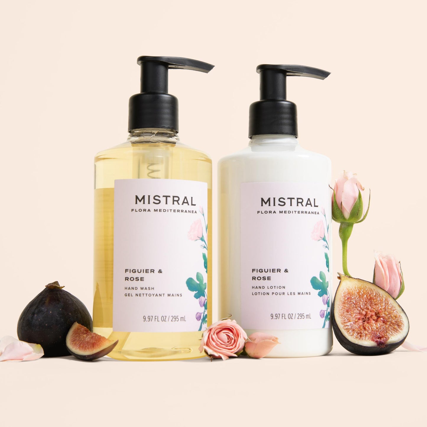 Mistral Figuier & Rose Luxury Hand Soap and Lotion Set (2 × 9.97 fl oz) | Hand Wash & Lotion Hand Care Duo with Silicone Dish, Rose Flower Extract & Olive Oil, Gift for Bathroom or Powder Room
