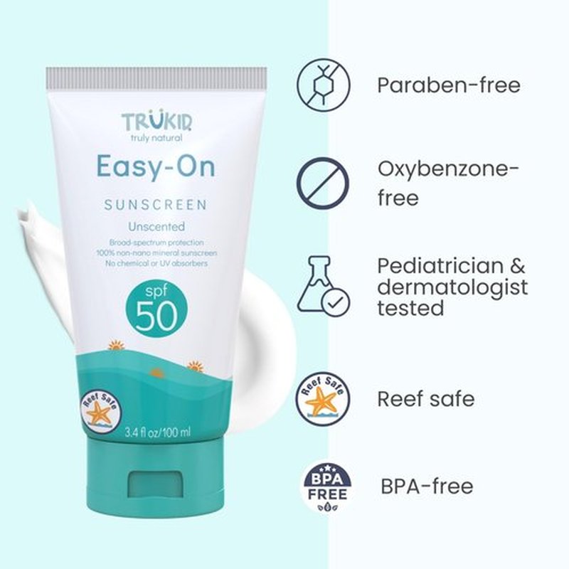 TruKid Easy On Mineral Sunscreen SPF 50 - Kids & Baby Sunscreen for Face & Body, Sunblock Protection for Sensitive Skin, Unscented, 3.4oz