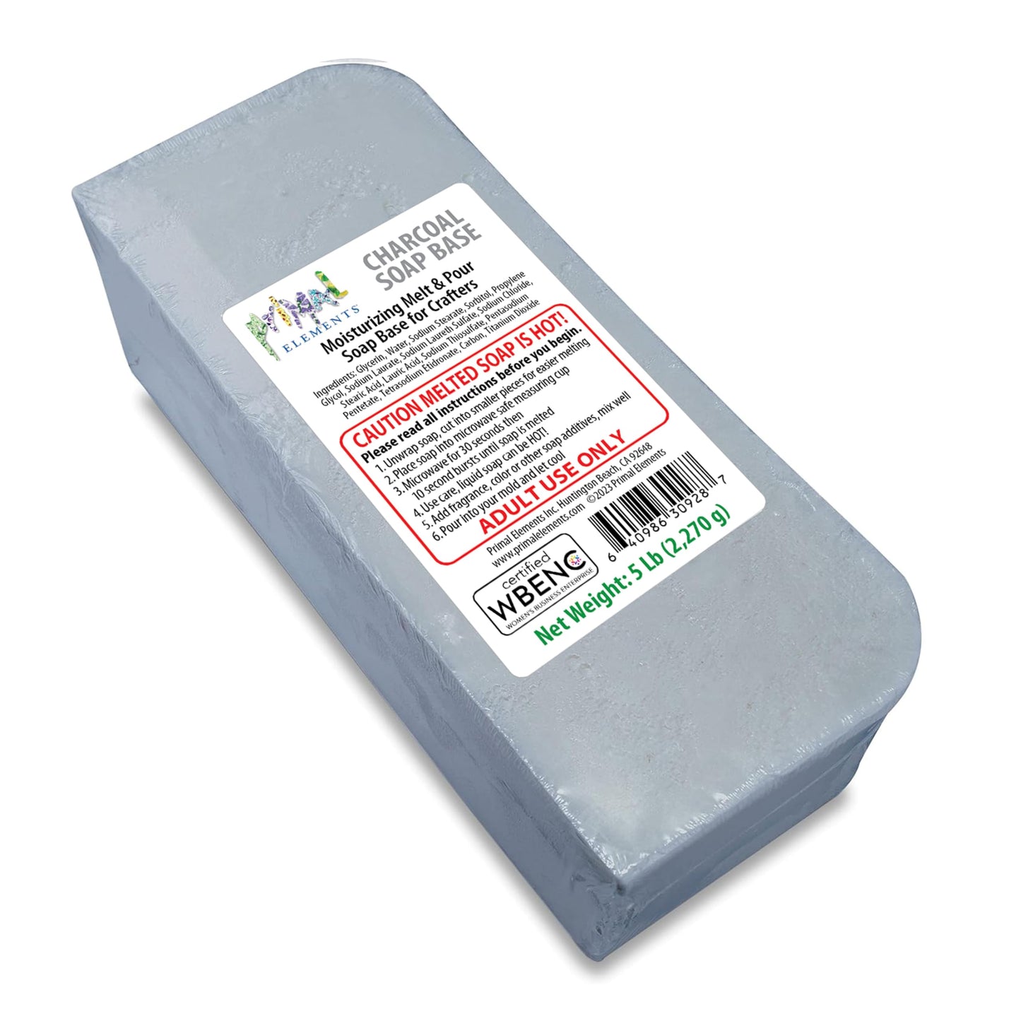Primal Elements Activated Bamboo Charcoal Soap Base - Moisturizing Melt and Pour Glycerin Soap Base for Crafting and Soap Making, Easy to Cut - 5 Pound