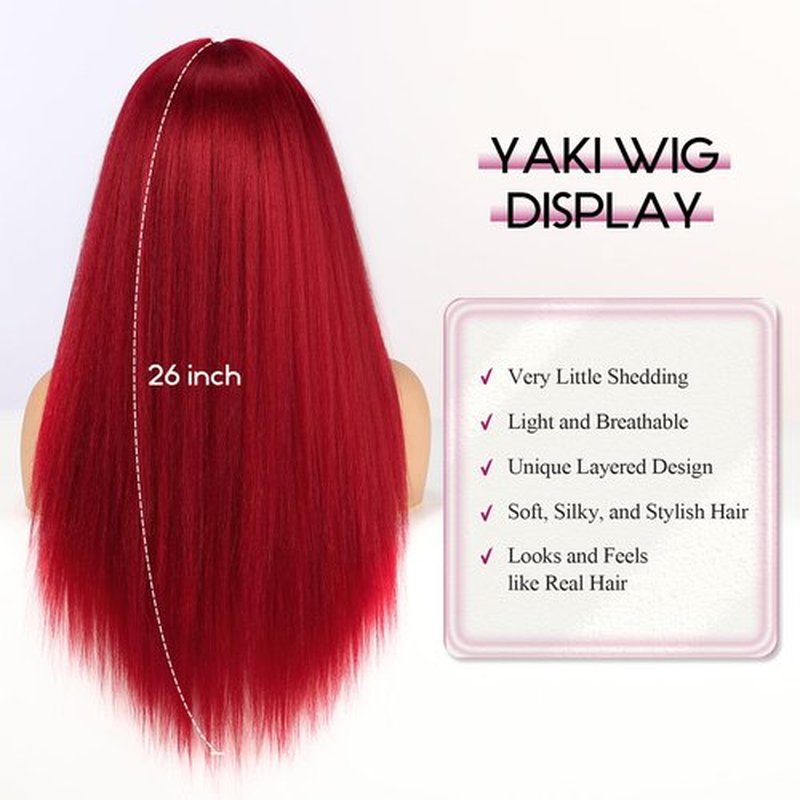 EMMOR Long Straight Yaki Wigs for Women with Bangs Comfortable Elastic Band 26 Inch Heat-resistant Synthetic Fibers(Red)