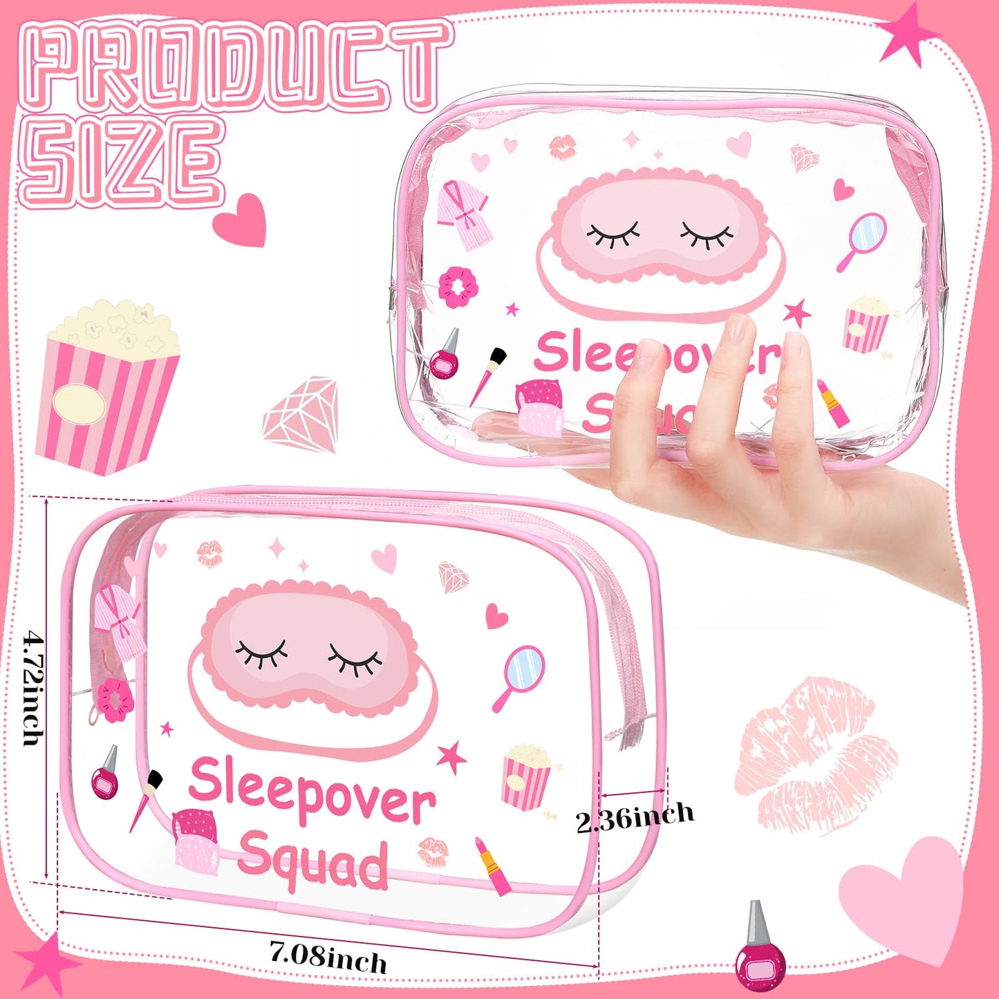 Aliceset 8 Pcs Sleepover Party Favors Sleepover Squad Make up Bags Waterproof Slumber Pajama Party Supplies Spa Birthday Overnight Sleep over Favors(Pink)