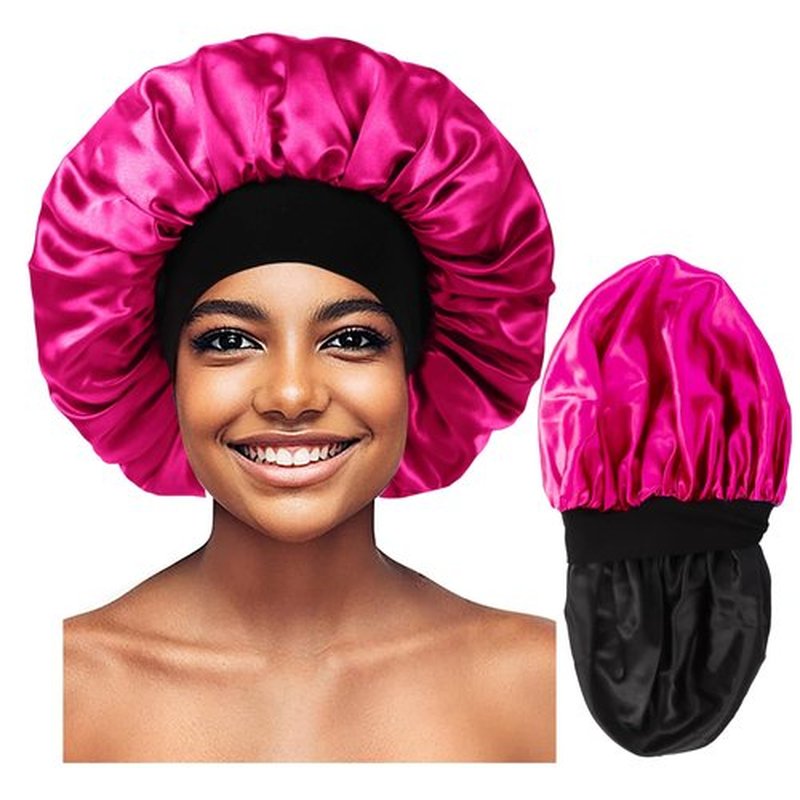 Bonnet for Men,Hair Bonnet for Sleeping,Double Layer Satin Bonnets for Black Women Curly Hair Braids,Reversible Sleep Cap (Large,Black/Hot Pink)