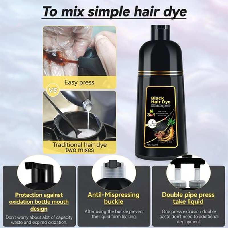 JIESSIA 3 IN 1 Hair Color Shampoo Dye For Women & Men Natural Herbal Plant Semi Permanent Grey Hair Cover Treated, 16.9 Fl Oz, Black